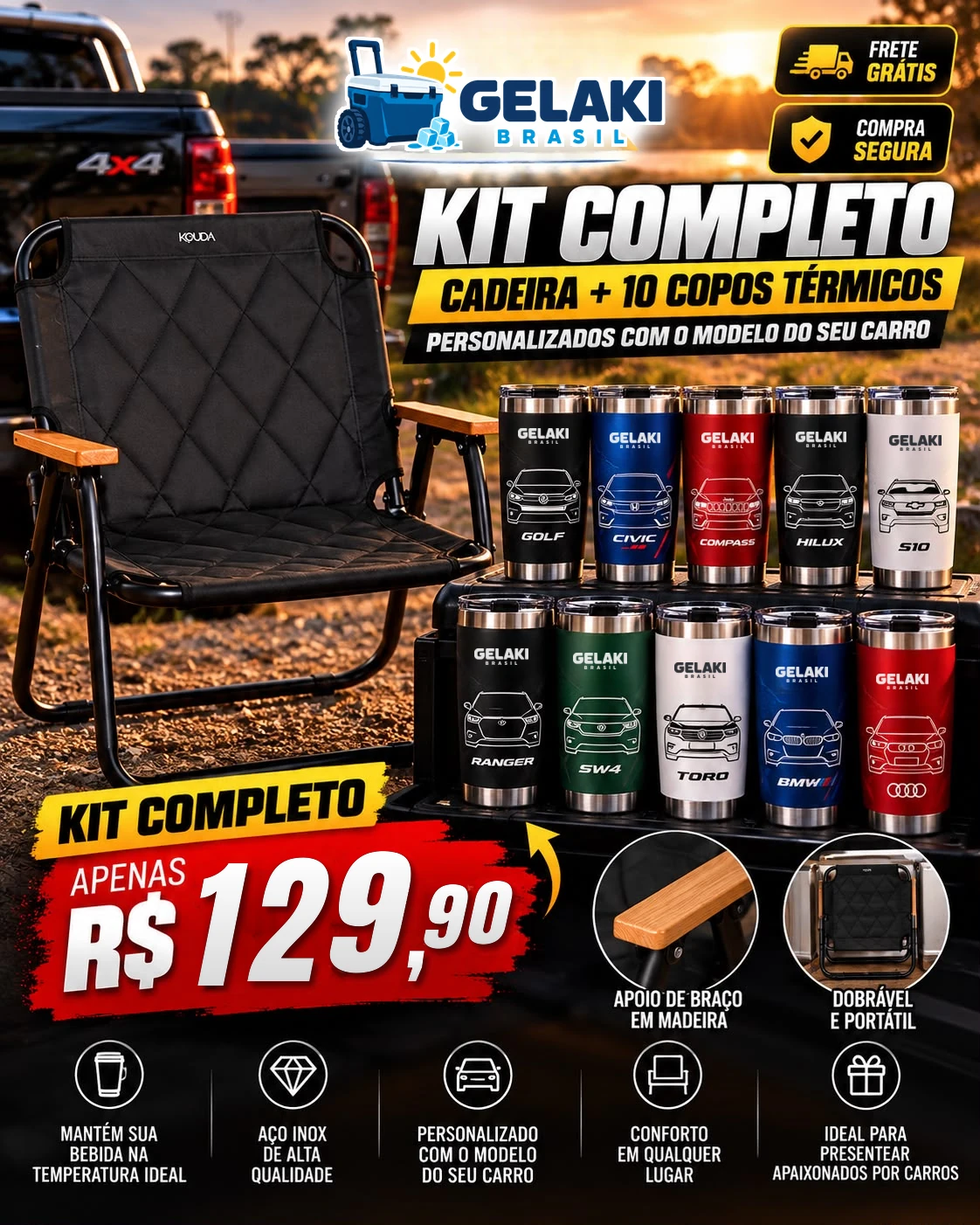 Kit Completo Cadeira + 10 Copos Térmicos Personalizados com o Seu Carro