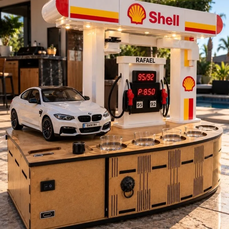 AutoBar com posto Shell e BMW branca